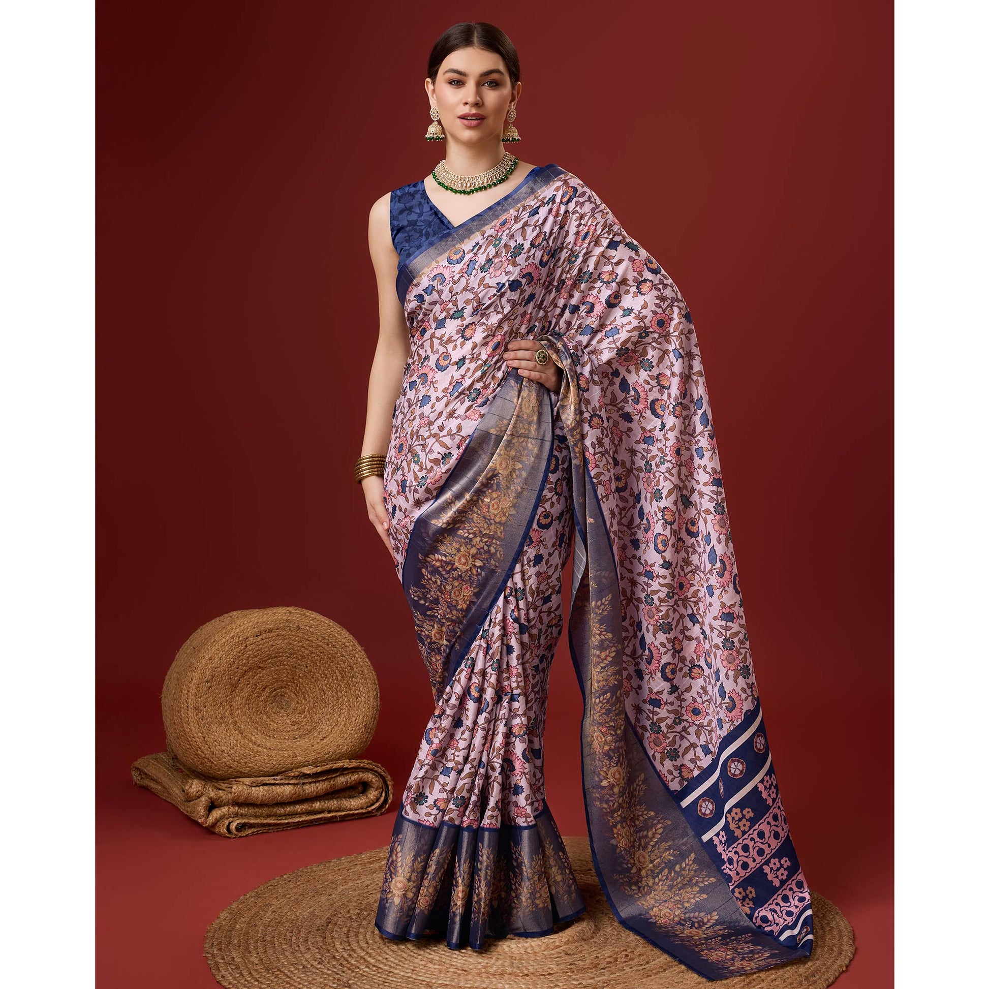 Light Pink Digital Printed Cotton Silk Saree With Border