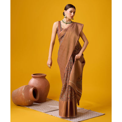 Brown Digital Printed Cotton Silk Saree With Border