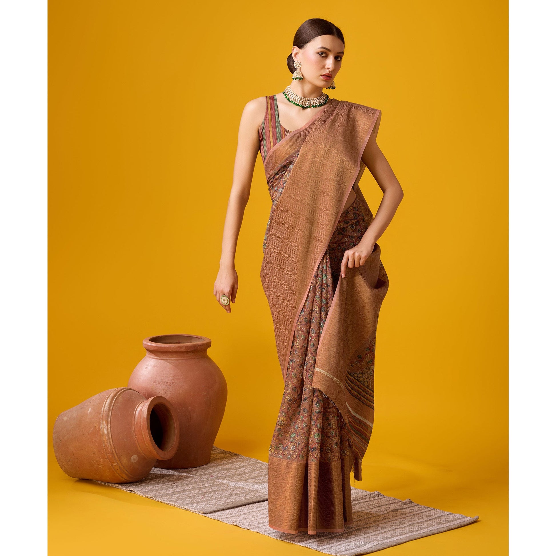Brown Digital Printed Cotton Silk Saree With Border
