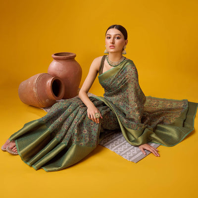 Dusty Green Digital Printed Cotton Silk Saree With Border