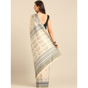 Cream Digital Print Cotton Blend Saree