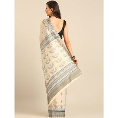 Cream Digital Print Cotton Blend Saree