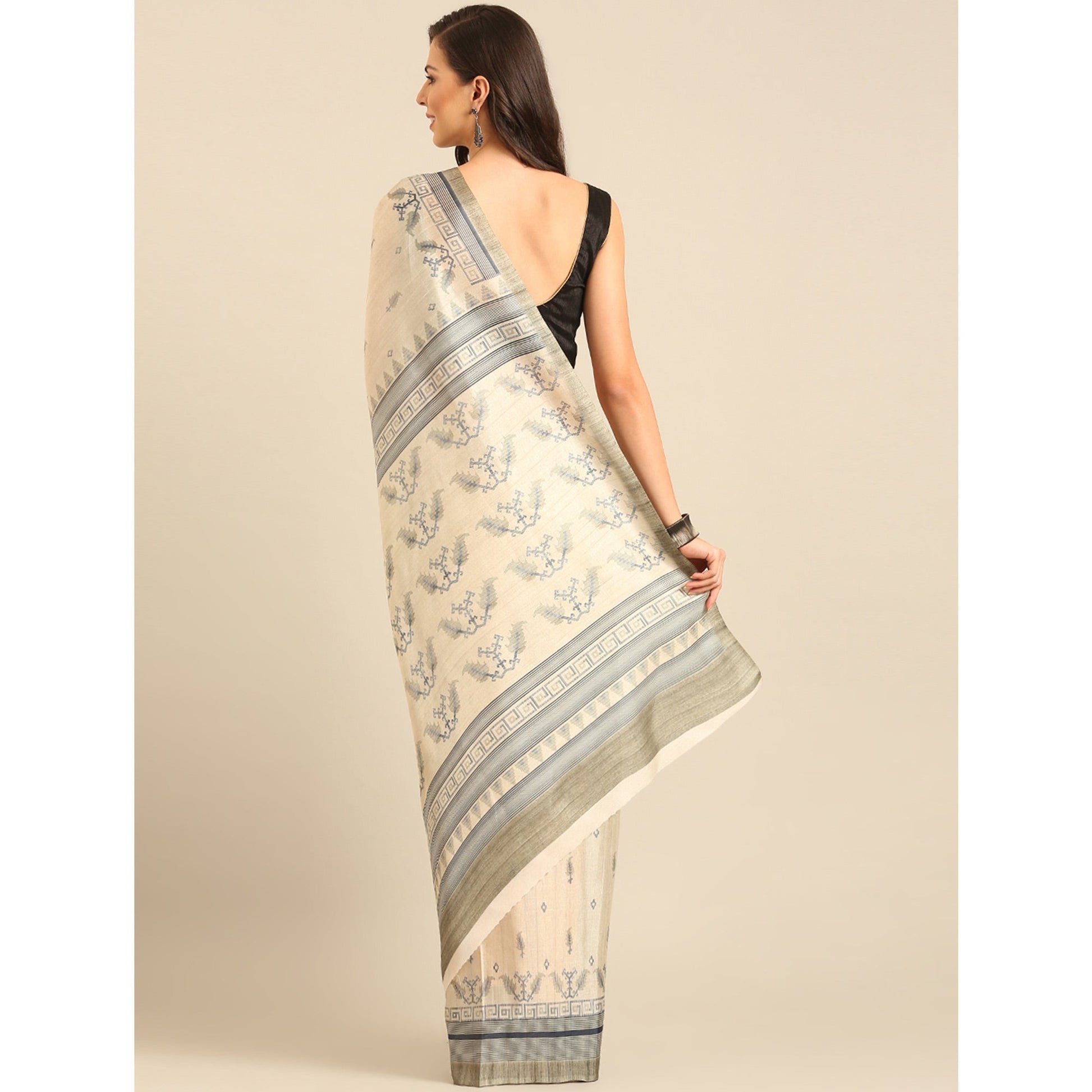 Cream Digital Print Cotton Blend Saree