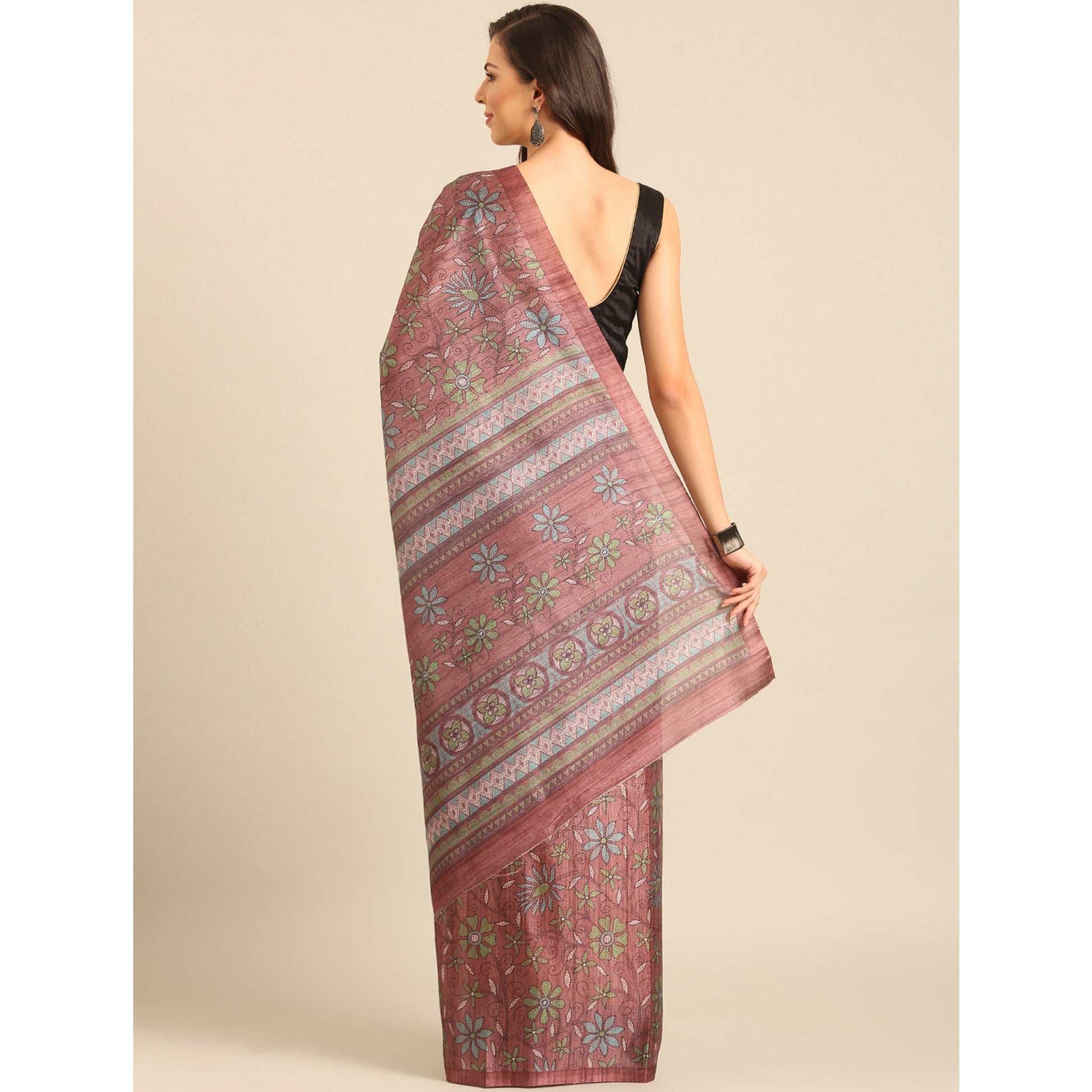 Dusty Rose Pink Floral Digital Printed Cotton Blend Saree