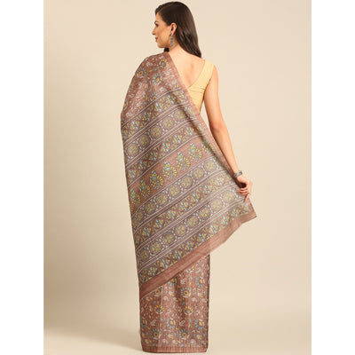 Brown Floral Digital Print Cotton Blend Saree
