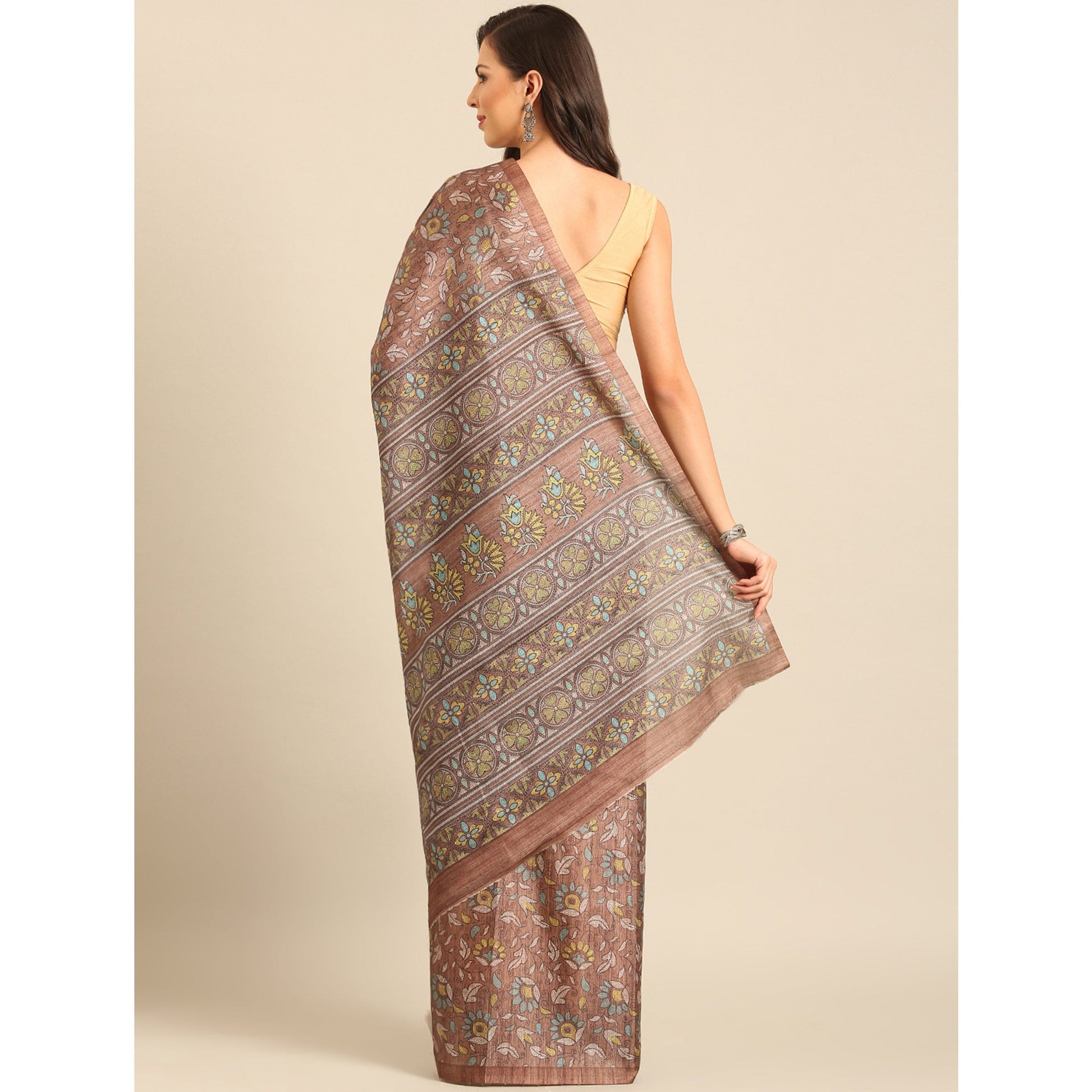 Brown Floral Digital Print Cotton Blend Saree