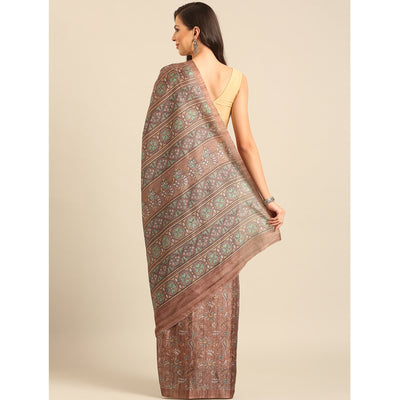 Brown Floral Digital Printed Cotton Blend Saree