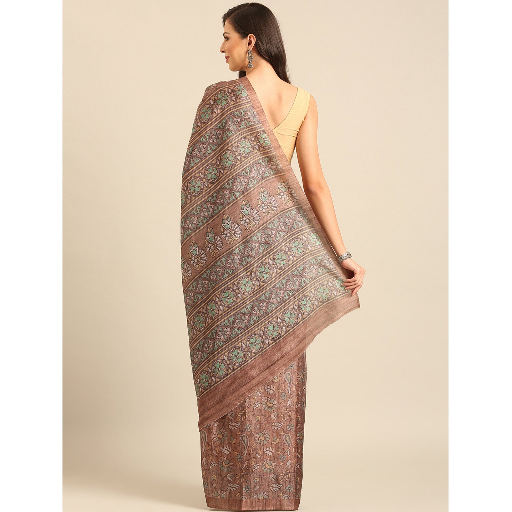 Brown Floral Digital Printed Cotton Blend Saree