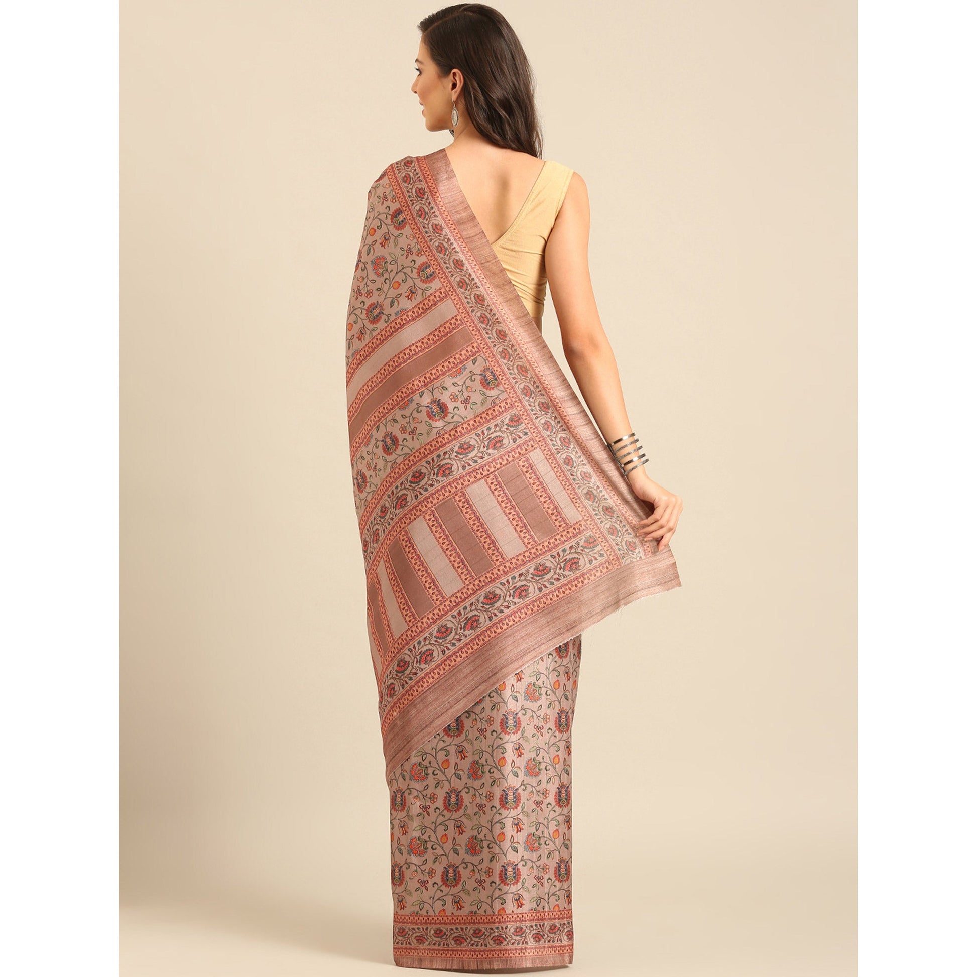 Light Peach Floral Digital Printed Cotton Blend Saree