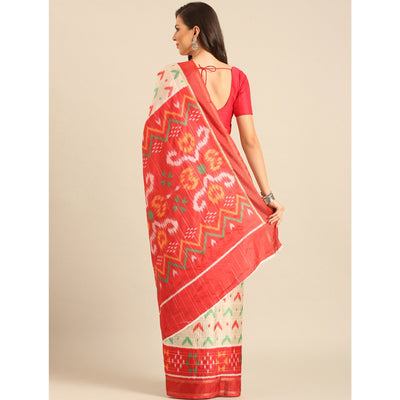 Cream Digital Patola Printed Cotton Blend Saree