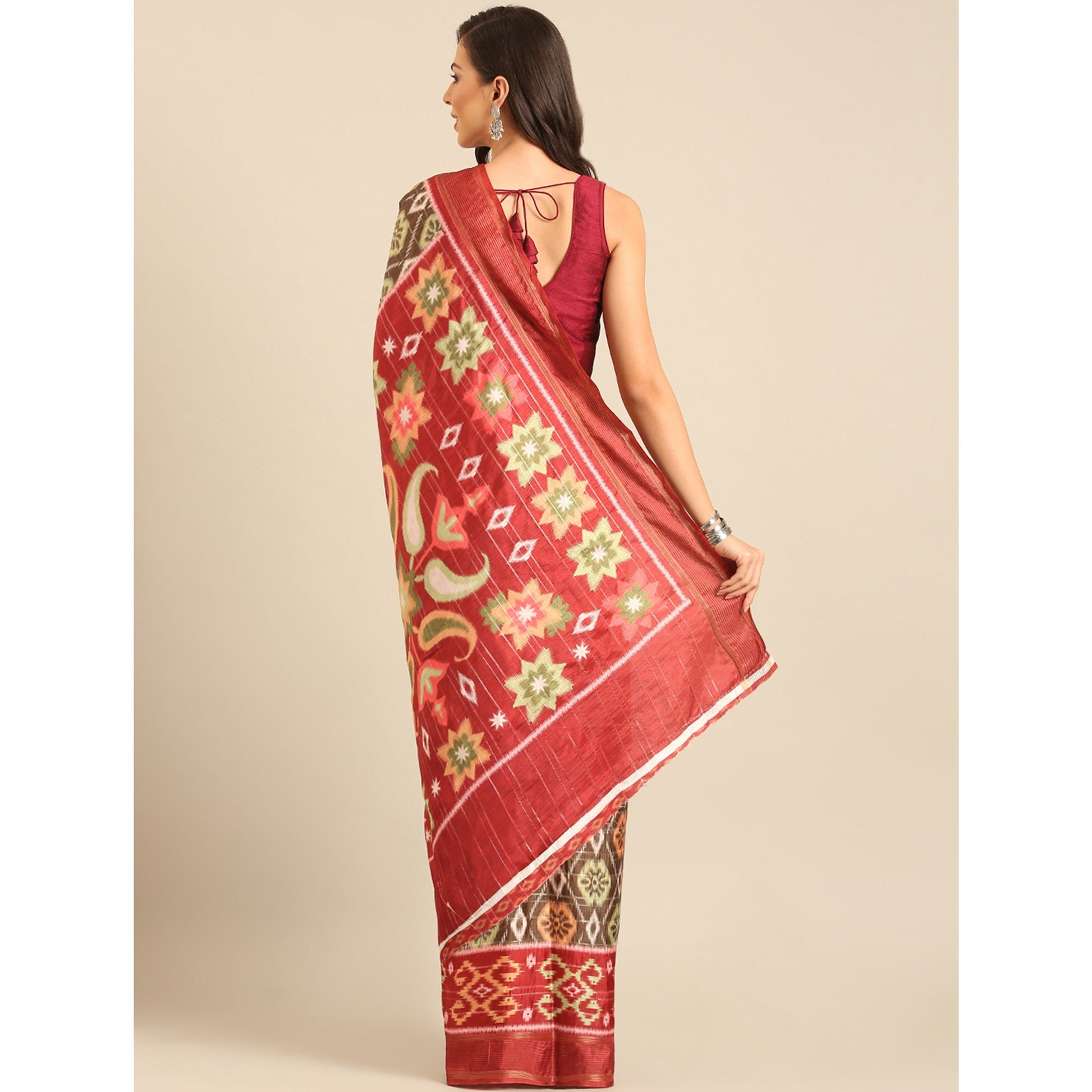 Brown Digital Patola Printed Cotton Blend Saree