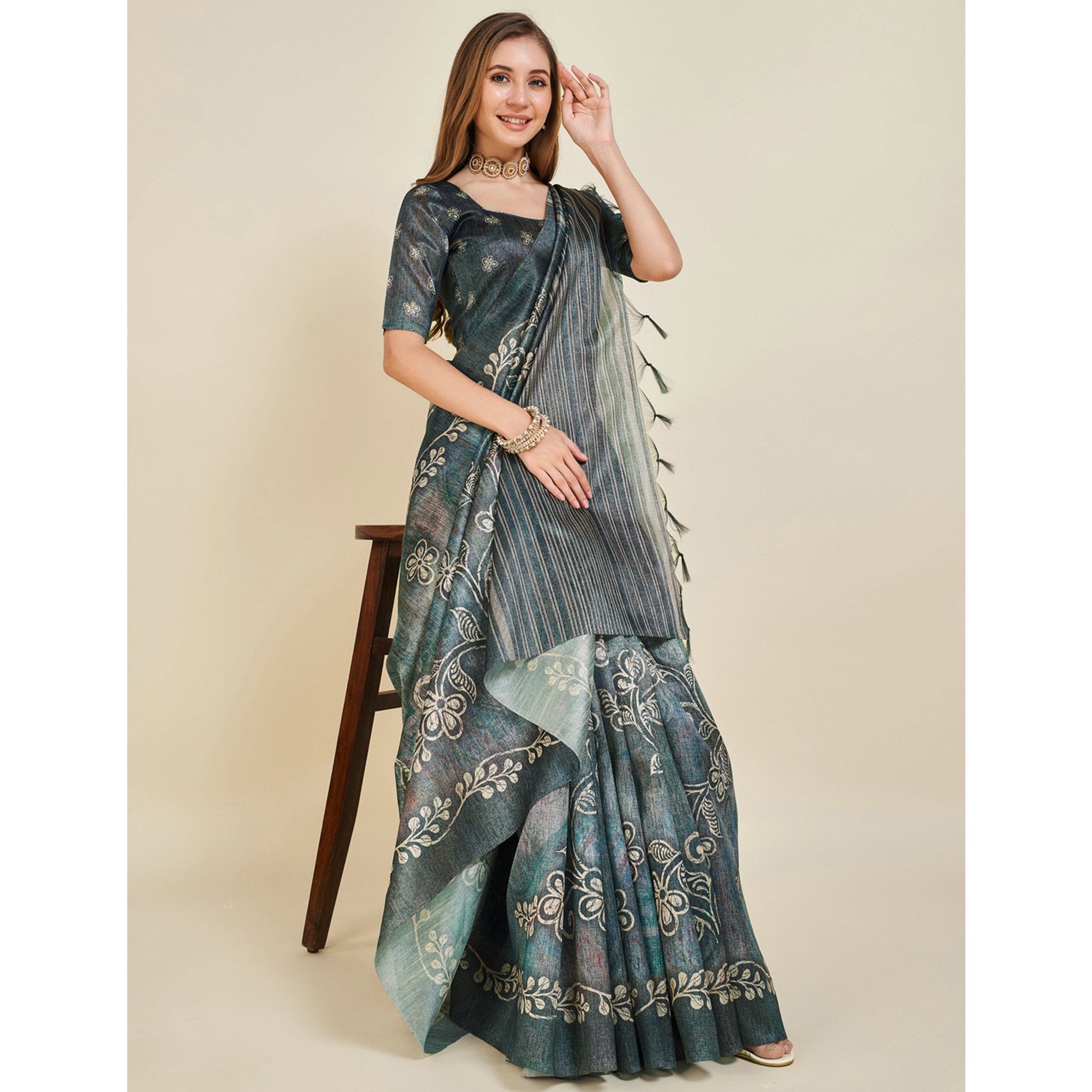 grey-digital-printed-bhagalpuri-silk-saree-with-tassels-1