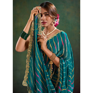 Morpich Green Printed Chiffon Saree With Sequins Border