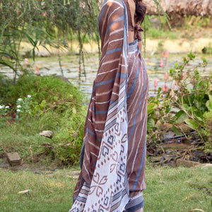 Brown Leheriya Printed Linen Saree