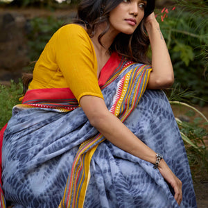 Grey Tie Dye Printed Linen Saree
