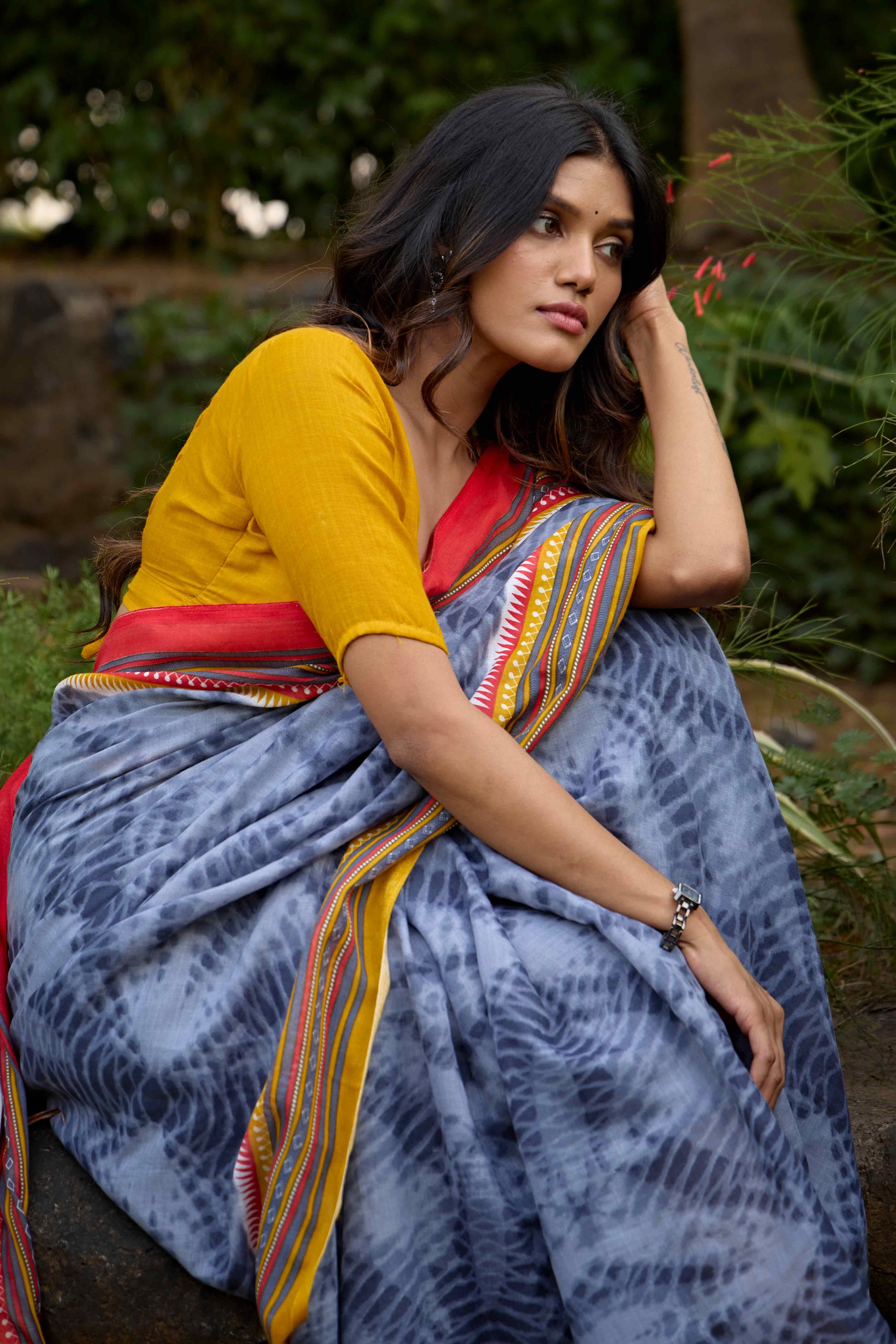 Grey Tie Dye Printed Linen Saree