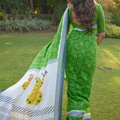 Forest Green Bandhani Printed Linen Saree