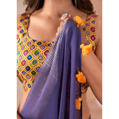 Lavender Woven Linen Saree With Tassels