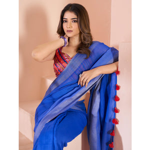 Blue Woven Linen Saree With Tassels