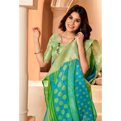 1green-blue-printed-organza-saree-with-woven-border