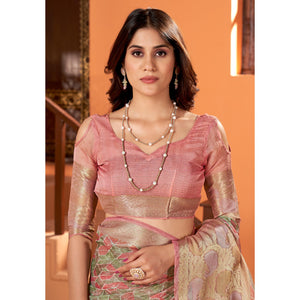 Light Peach Printed Organza Saree With Woven Border
