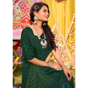 Bottle Green Floral Printed Georgette Saree With Woven Border