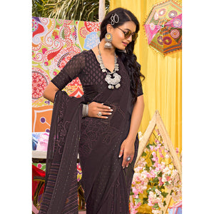 Coffee Brown Floral Printed Georgette Saree With Woven Border