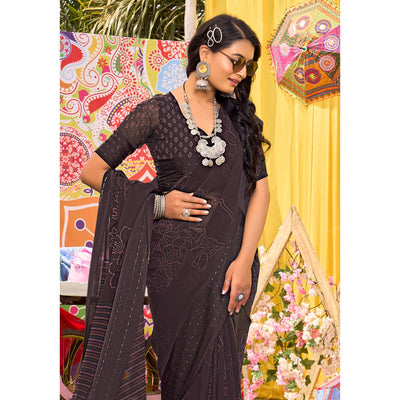 Coffee Brown Floral Printed Georgette Saree With Woven Border