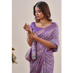 Lavender Ikkat Printed With Jacquard Border Cotton Silk Saree