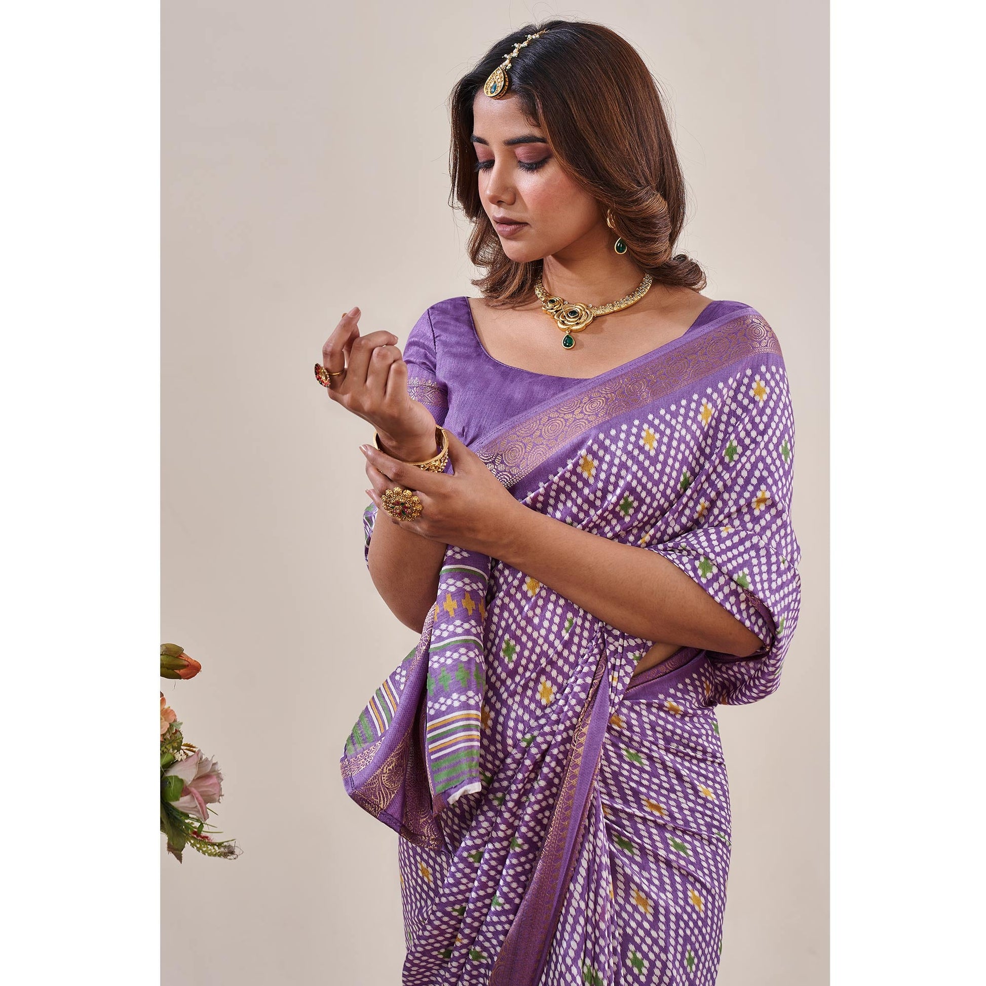 Lavender Ikkat Printed With Jacquard Border Cotton Silk Saree