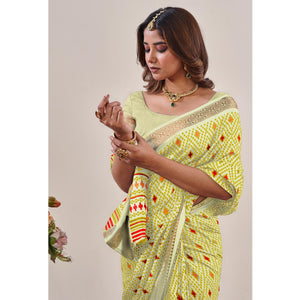 Lemon Yellow Ikkat Printed With Jacquard Border Cotton Silk Saree