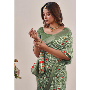 Dusty Green Ikkat Printed With Jacquard Border Cotton Silk Saree