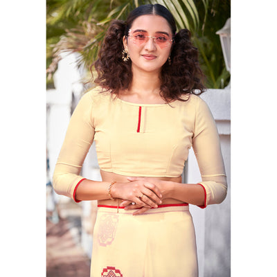 Cream Foil Printed Georgette Saree With Tassels