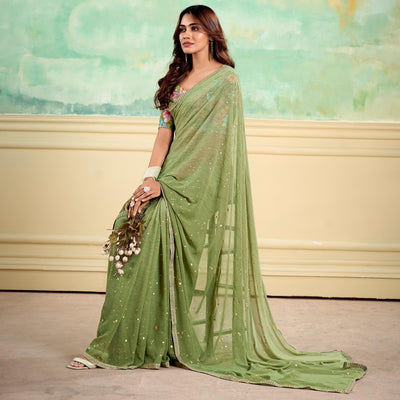 green-foil-printed-with-sequins-georgette-saree