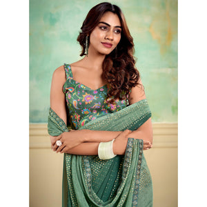 Dusty Green Foil Printed With Sequins Georgette Saree