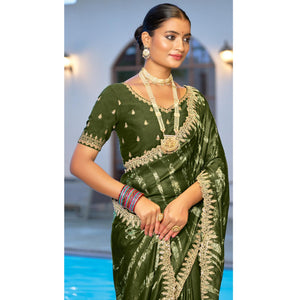 Mehandi Green Printed Chiffon Saree With Sequins Border