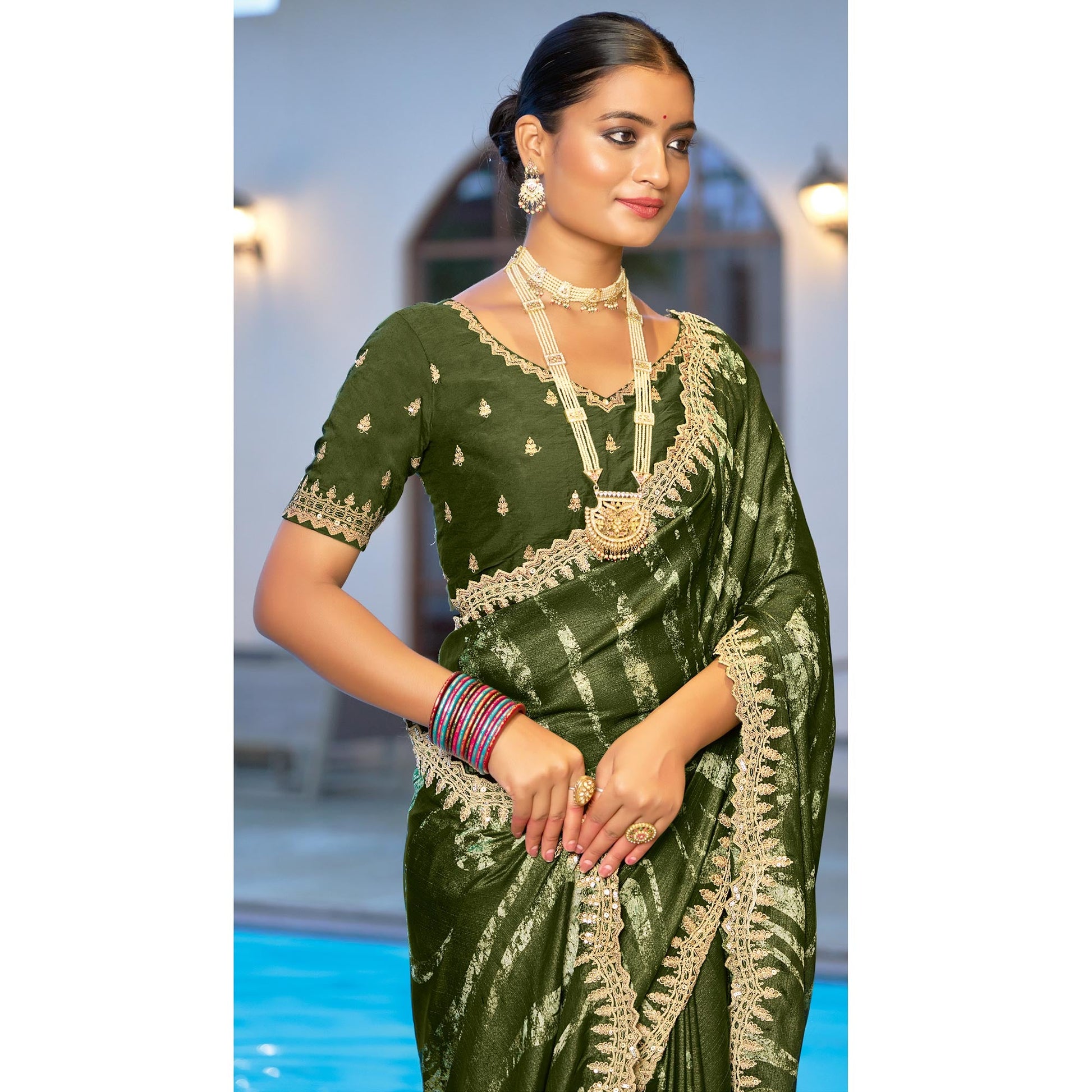 Mehandi Green Printed Chiffon Saree With Sequins Border