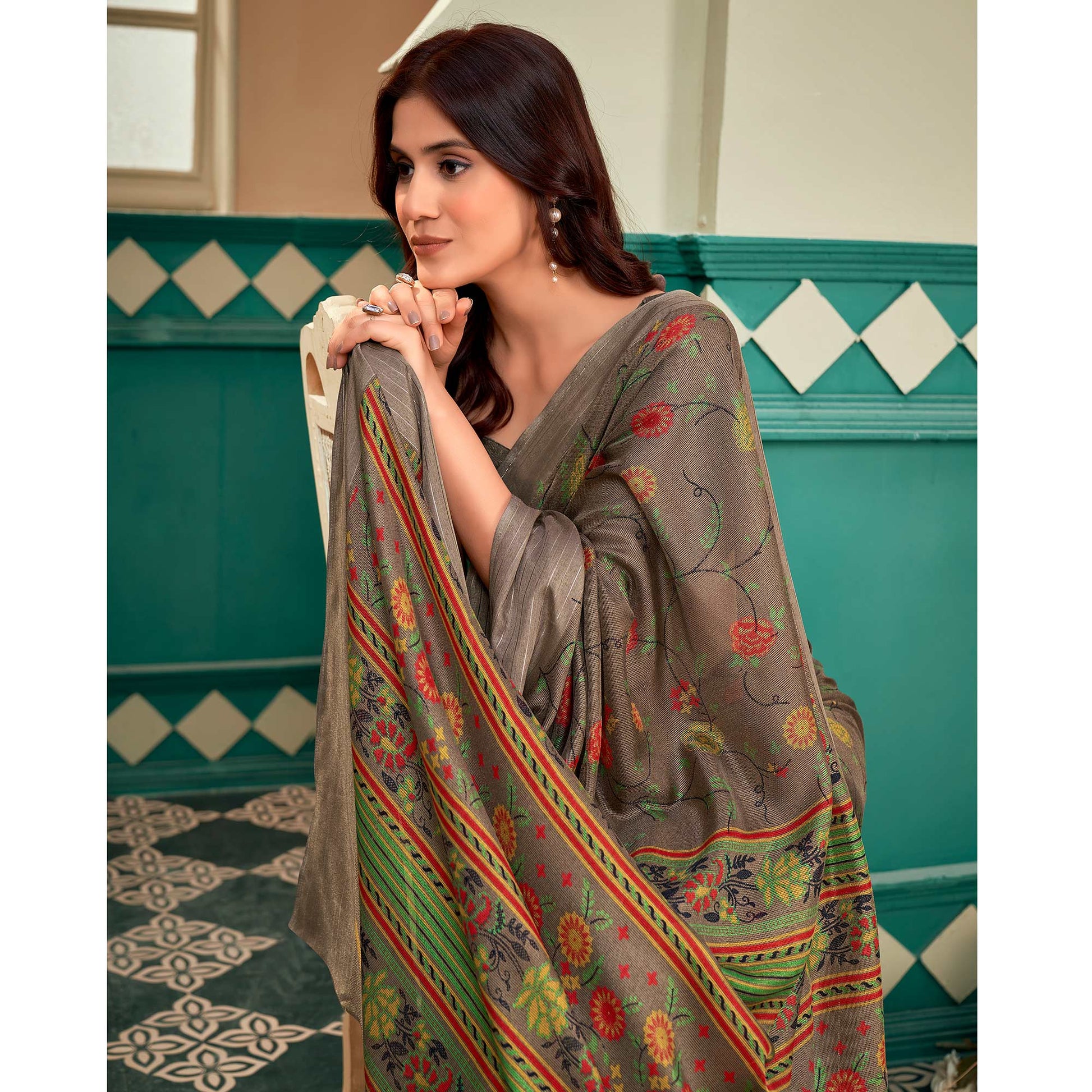 Brown Floral Printed Linen Saree