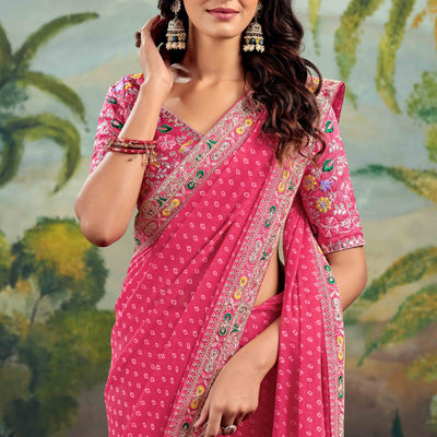 Gajri Pink Bandhani Printed Georgette Saree With Embroidered Border