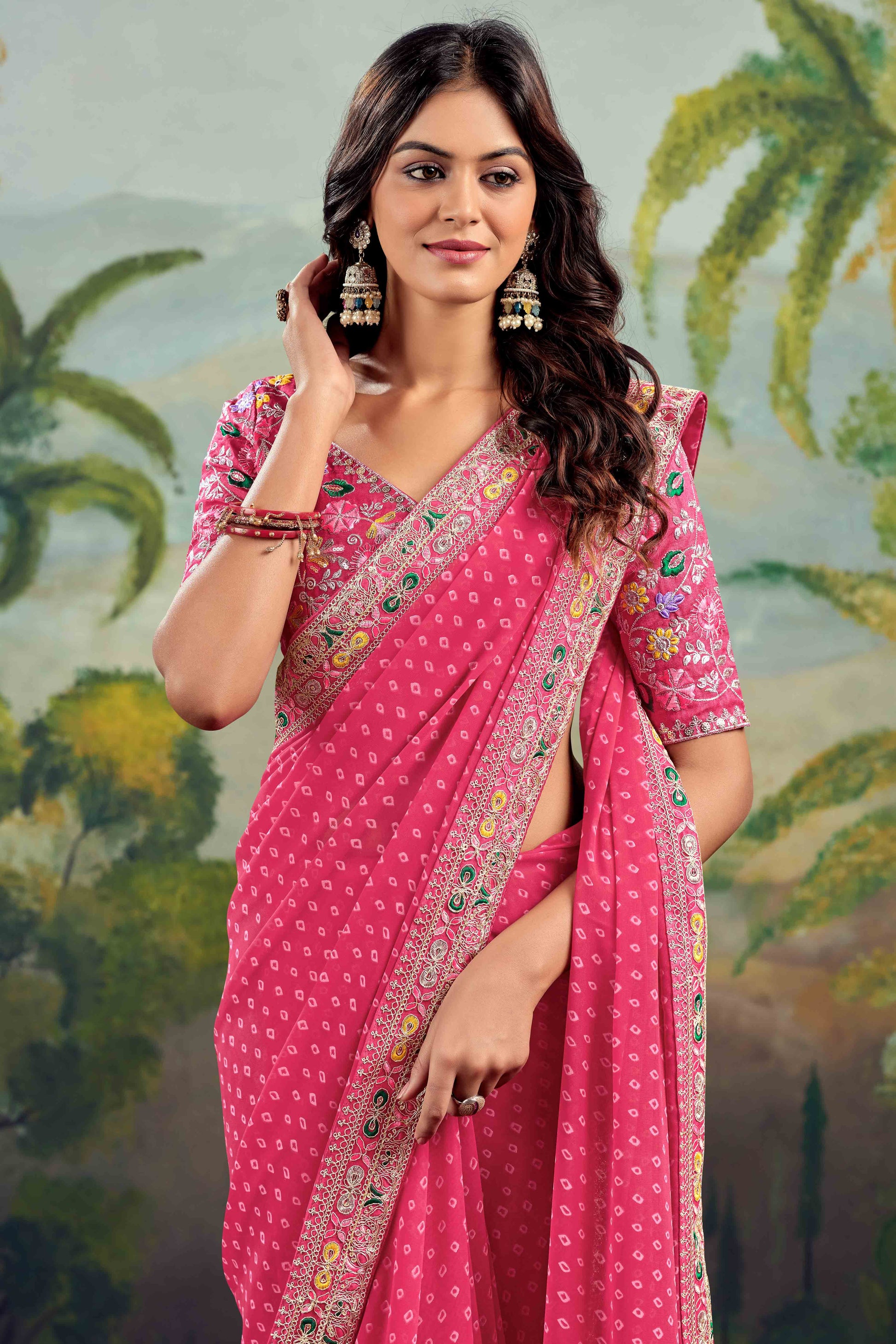 Gajri Pink Bandhani Printed Georgette Saree With Embroidered Border