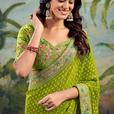 green-bandhani-printed-georgette-saree-with-embroidered-border