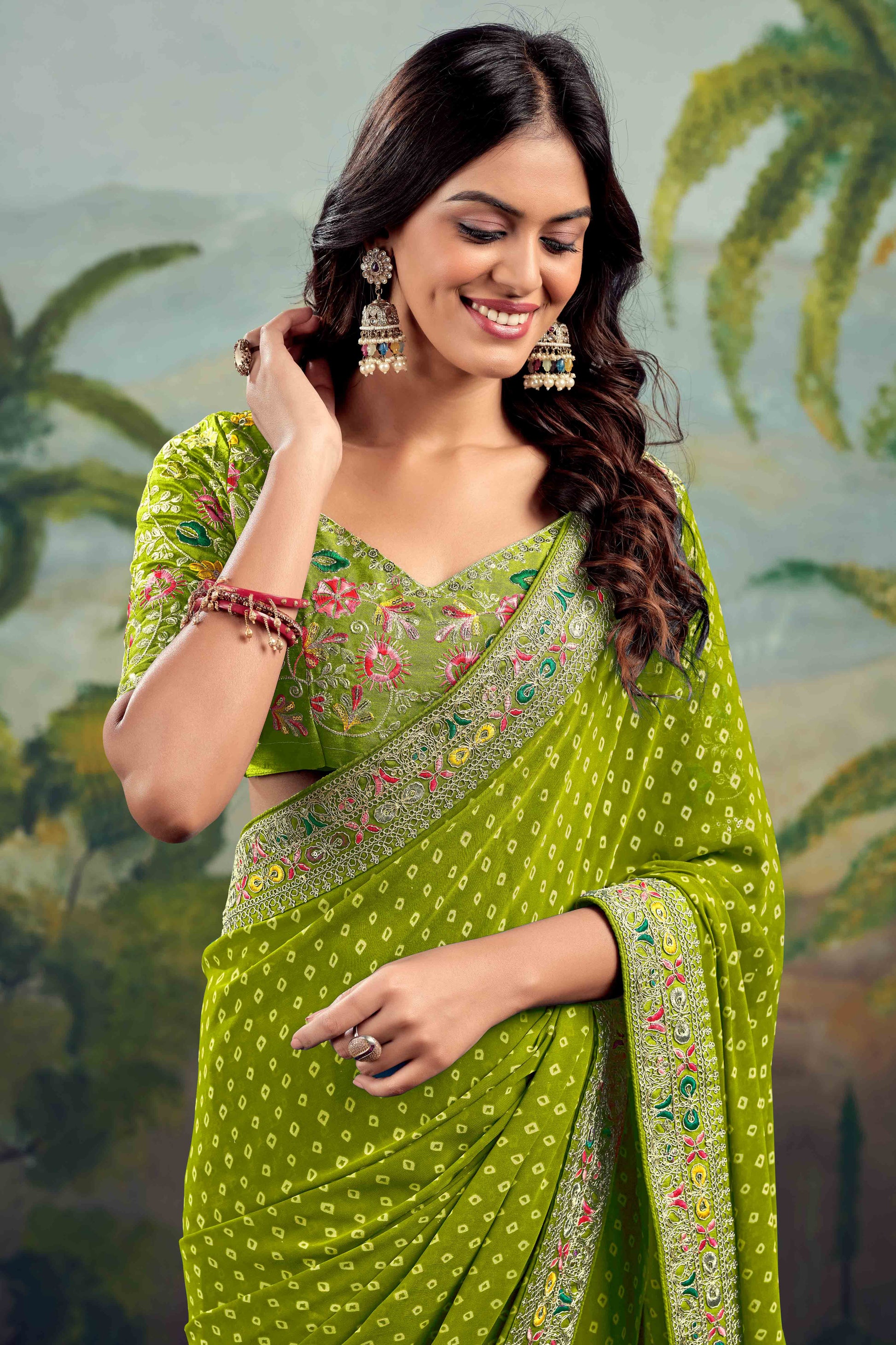 green-bandhani-printed-georgette-saree-with-embroidered-border