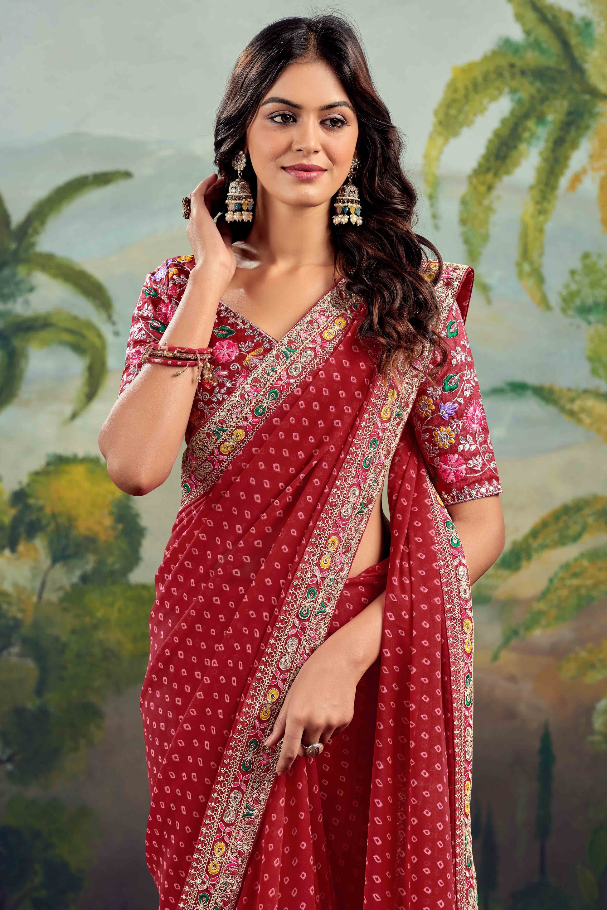 Maroon Bandhani Printed Georgette Saree With Embroidered Border