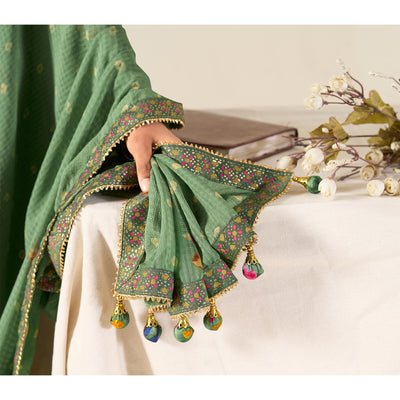 Dusty Green Printed With Woven Georgette Saree With Tassels