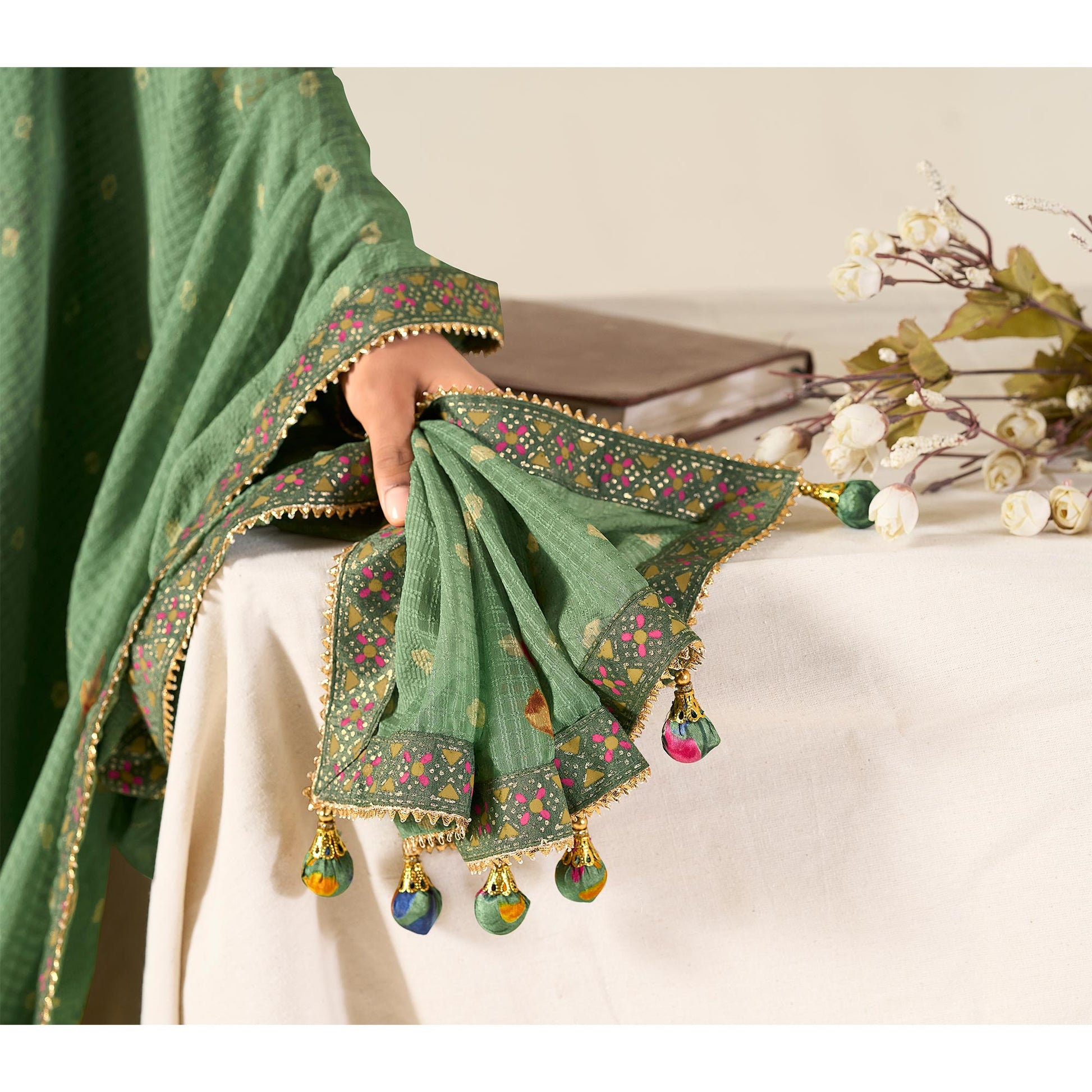 Dusty Green Printed With Woven Georgette Saree With Tassels