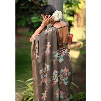 Brown Floral Digital Printed Viscose Saree With Zari Border
