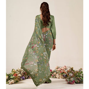 Dusty Green Floral Printed Chiffon Saree With Designer Border