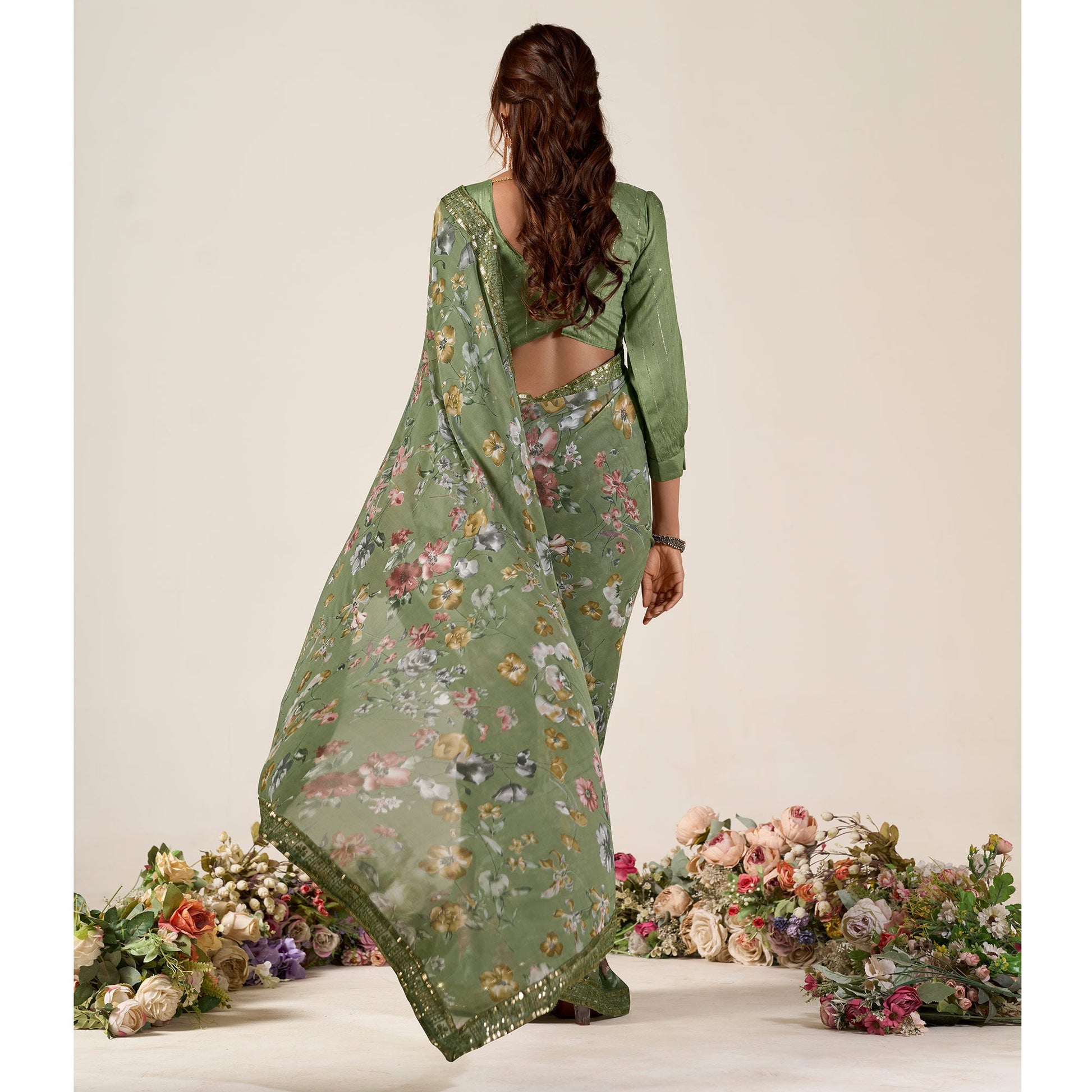 Dusty Green Floral Printed Chiffon Saree With Designer Border
