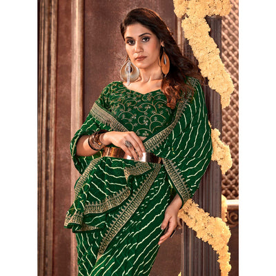 Bottle Green Striped Printed Georgette Saree