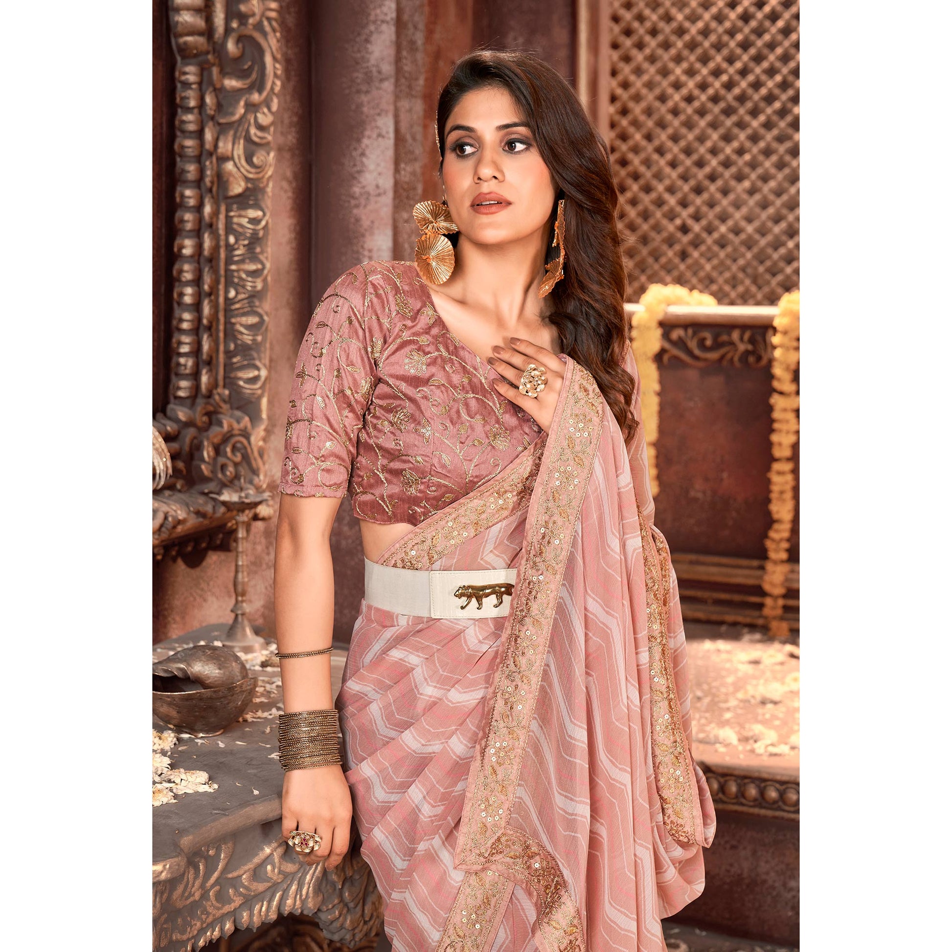 Mauve Striped Printed Georgette Saree